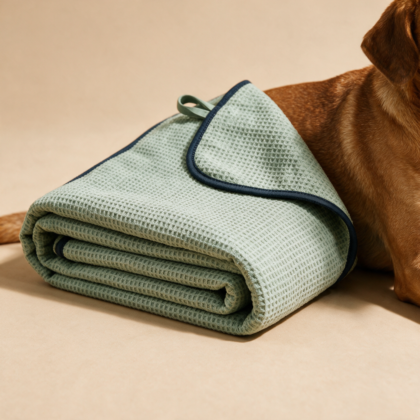 DriftDry Textured Dog Towel texture and scale view beside a medium dog